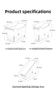 Detailed size chart of transparent acrylic kitchen organizers with specific dimensions