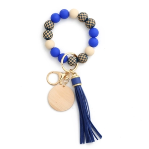 Checkered blue silicone bead keychain bracelet with leather tassel and wood tag
