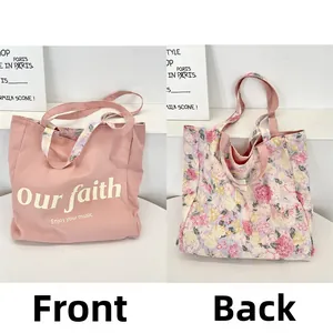 Dual-sided canvas tote featuring floral print and minimalist pink design with text