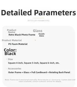 Detailed specs of black retro puzzle photo frame with PS foam material and organic glass