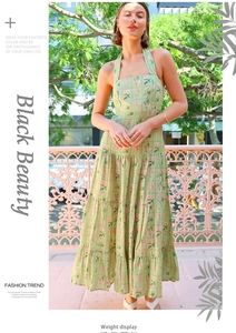 Detail view of light green floral tiered maxi dress with halter neck and open back