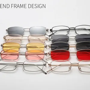 Narrow rectangular metal glasses frames in multiple colors on a clean white background