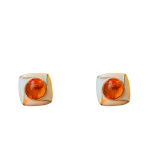 Vintage gold-plated square earrings with cream base and orange enamel details