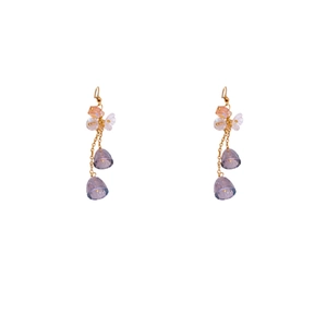 Elegant gold flower tassel earrings with purple lily of the valley and crystal drops