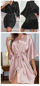 Détails des peignoirs en satin soyeux noir et rose avec ceinture nouée pour femmes