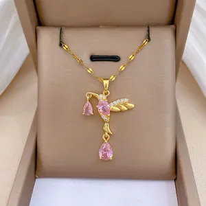 Hummingbird Pendant Necklace Stainless Steel Chain Copper Pink Zirconia Shiny Palace Style Vintage Jewelry For Women
