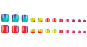 Detail view of colorful gradient press-on toenails in blue, purple, yellow and green hues