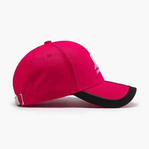 Premium rose red baseball cap with black brim and white JUNE embroidery lettering