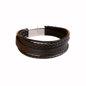 Men's multilayer black braided leather bracelet with a polished silver magnetic buckle