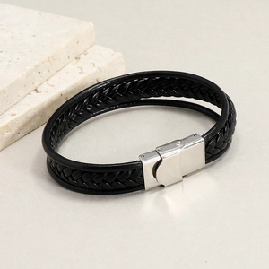 Men's double-layered black braided leather bracelet with silver stainless steel magnetic clasp