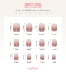 Detailed size guide for press-on nails showing 12 gradient pink and white oval nail tips