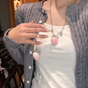 Pink Strawberry Pendant Necklace Stainless Steel Silver Bead Chain With Artificial Pearls Zircon Sweet Elegant Jewelry For Women