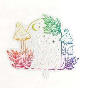 Detailed close-up of rainbow suncatcher static sticker with cat and mushroom pattern