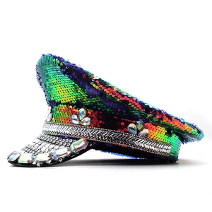 Rainbow sequin captain hat with sparkling rhinestones and colorful gemstones for parties