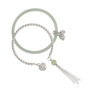 Elegant Chinese style pearl bracelet with green jade beads and silver tassel charms