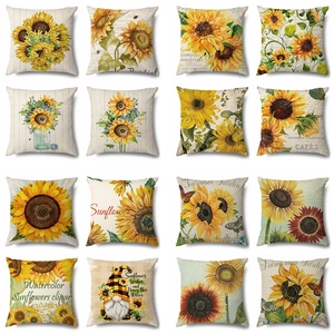 Sunflower Decorative Pillow Cover Linen Blend Floral Cushion Case For Sofa Farmhouse Home Decor Vintage Style