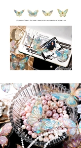 Detail of holographic PET butterfly stickers with laser finish for DIY scrapbooking