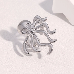 Detailed close-up of a silver octopus-shaped ring with textured tentacles on a white surface