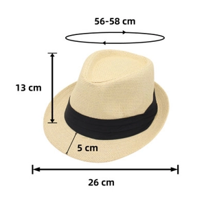 Detailed size specifications for beige fedora hat with black band, 56-58cm head circumference
