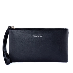 Minimalist black leather long clutch wallet for women with wrist strap and zipper closure