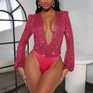 Bodys Femme Sexy Col En V Profond Manches Longues Patchwork De Paillettes Tenue De Soirée Club Mode De Rue Magenta