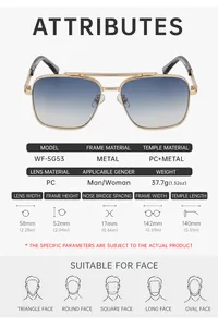 Detailed dimensions of aviator metal sunglasses with PC lenses and dual bridge frame
