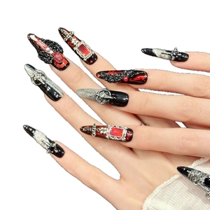Gothic black and red press-on nails with 3D silver cross and ruby gemstone charms
