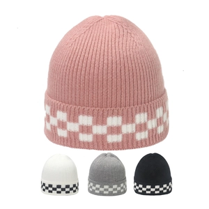 Beanie Hat Knitted Acrylic Checkerboard Cuffed Winter Warm Casual Streetwear Style Cold Weather Accessory For Men Women