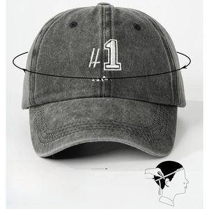 Adjustable dark grey washed cotton baseball cap with white #1 GRANDPA embroidery and size guide