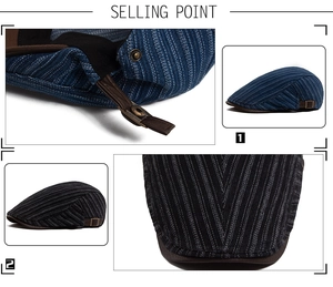 Detail of adjustable metal buckle and striped fabric texture on newsboy flat cap