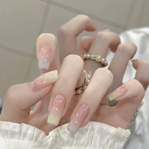 Macaron Gradient Press On Nails Long Ballerina Coffin Shape Glossy Artificial Fake Finger Nails For Women