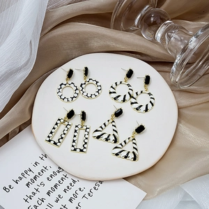 Geometric Dangle Earrings Alloy Enamel Black White Polka Dot Striped With Silver Earring Post Vintage Jewelry For Women