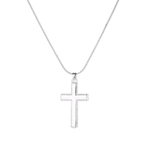 Minimalist silver cross pendant necklace in polished titanium steel for men