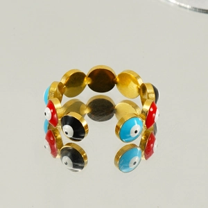 Adjustable golden evil eye ring with multi-color enamel inlay in red, blue and black
