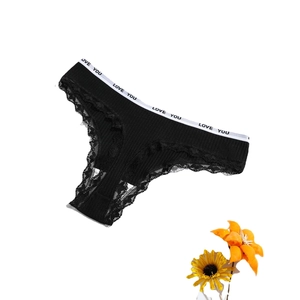 String femme en coton noir avec ceinture LOVE YOU et bordure en dentelle fine