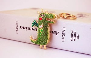 Détail du porte-clés dragon de dessin animé avec strass verts et métal doré