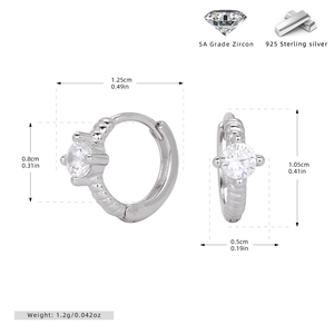 Detailed size chart of S925 sterling silver hoop earrings with 5A grade zircon stones