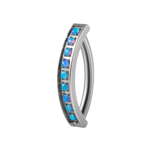 G23 titanium belly button ring with curved bar and inlaid blue fire opal stones