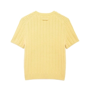 Maglia a maniche corte in maglia a trecce gialla da donna, vista posteriore, girocollo
