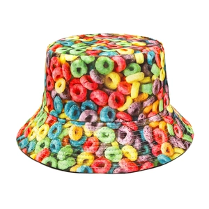 Bucket Hat Reversible Colorful Cereal Loops Print Polyester Sun Protection Outdoor Retro Unisex Sunshade