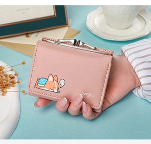 Pink tri-fold mini wallet featuring a cute sleeping corgi print and metal snap closure