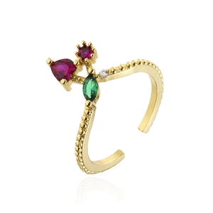 Adjustable 18K gold plated brass ring with multi-color zircon stones and beaded texture