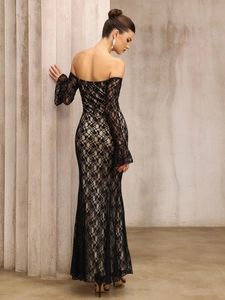 Elegant off-shoulder black lace dress with long flare sleeves and slim fit silhouette
