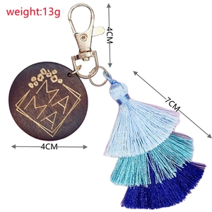 Detail view of MAMA letter charm keychain with blue ombre tassels and size dimensions