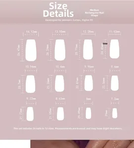 Size chart for gold glitter French press-on nails in medium-long square shape