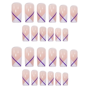 Set of 24 white and nude french tips press-on nails with purple line accents