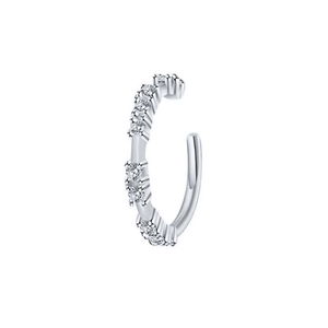Silver geometric C-shape ear cuff with sparkling zircon stones on a white background