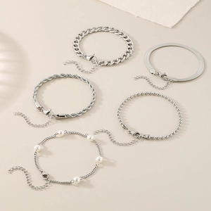 Five-piece silver charm bracelet set with pearls, snake chain and twisted bead link details