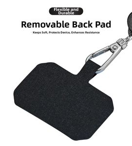Close-up of flexible black fiber phone lanyard tether tab with a sturdy silver metal hook