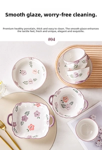 Floral purple ceramic dinnerware set with bowls and plates in a rustic Korean style